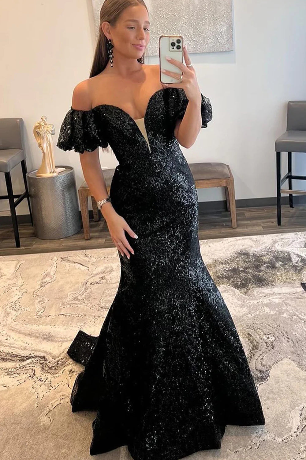Sparkly Black Sequin Off The Shoulder Long Prom Dress Sexy Evening Dresses