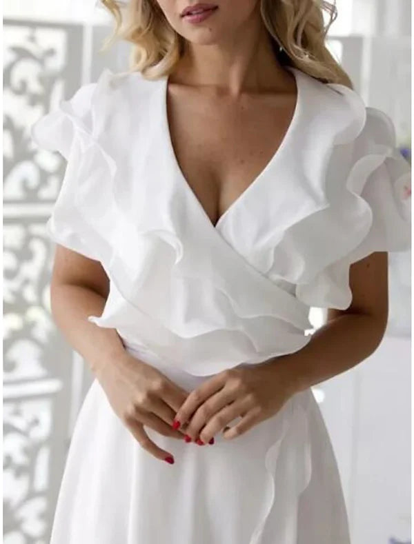 A-Line Simple Wedding Dress Little White Dress Elegant High Low V Neck Plus Size Asymmetrical Chiffon Short Sleeve with Ruffles Split