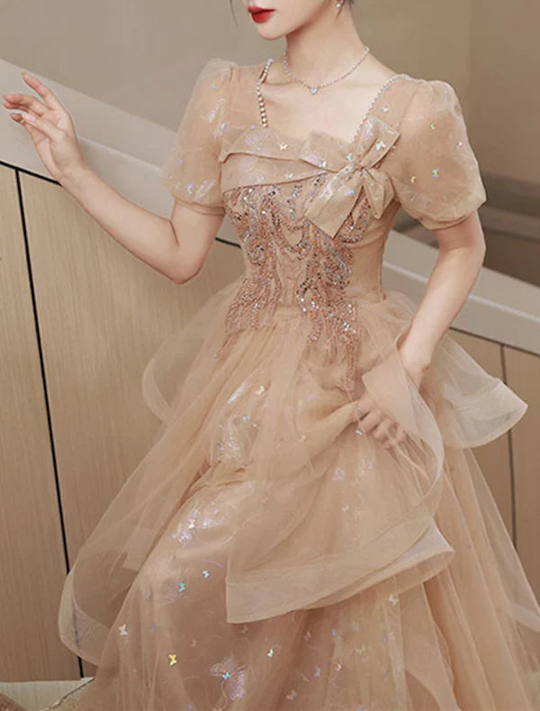 A-Line Party Dresses Sparkle & Shine Dress Wedding Guest Prom Floor Length Short Sleeve Square Neck Tulle with Bow(s)