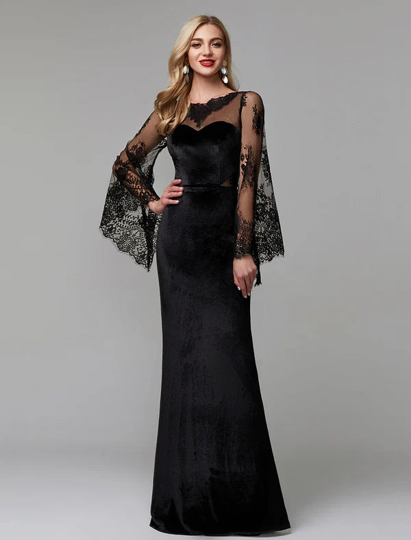 Sheath / Column Elegant Dress Wedding Guest Engagement Floor Length Long Sleeve Illusion Neck Lace with Lace