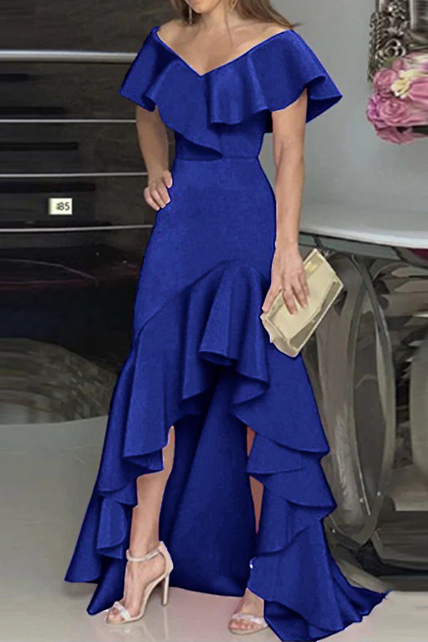 Fashionable solid color ruffled edge V-neck irregular evening dress Sexy Party Dress