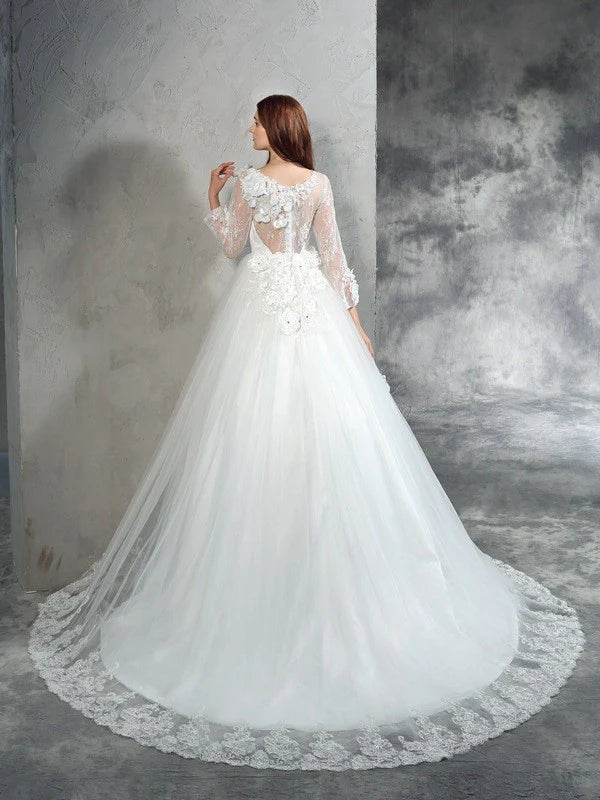 Ball Gown Sheer Neck Hand-Made Flower Long Sleeves Long Net Wedding Dresses With Flowers