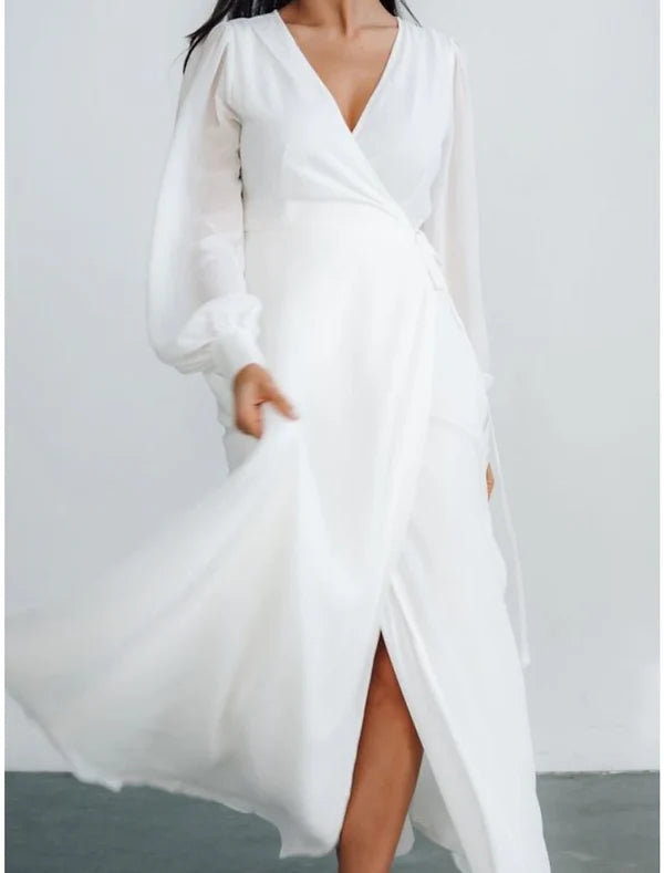 Little White Dresses Wedding Dresses A-Line V Neck Long Sleeve Ankle Length Chiffon Bridal Gowns With Pleats Split