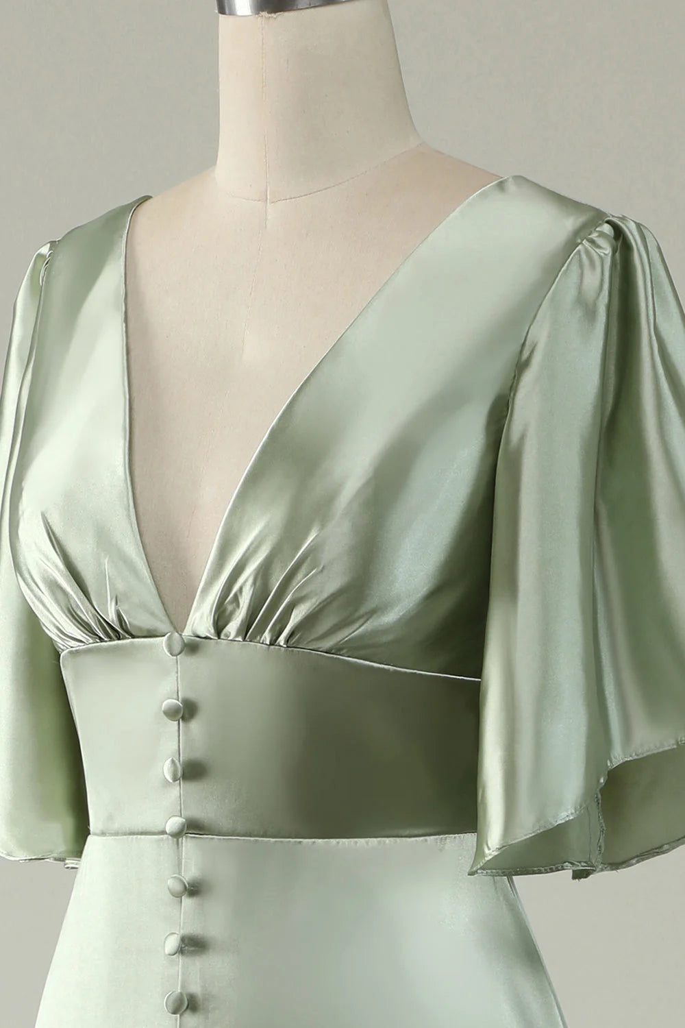 Light Green A Line Deep V Neck Bridesmaid Dress with Half Sleeves Elegant Evening Party Dress