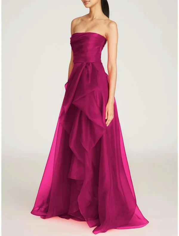 A-Line Evening Gown Elegant Dress Formal Sweep / Brush Train Christmas Dress Sleeveless Strapless Tulle with Pleats
