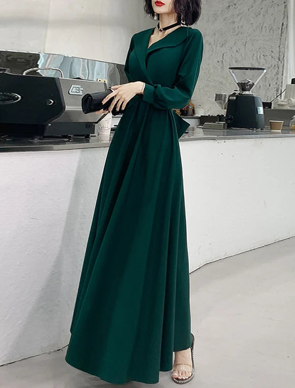 A-Line Evening Gown Minimalist Dress Prom Formal Evening Floor Length Long Sleeve V Neck Stretch Fabric with Sash