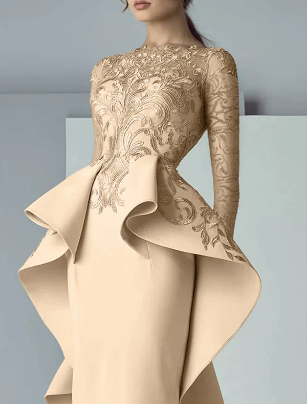 Sheath / Column Mother of the Bride Dress Formal Wedding Guest Elegant Party Scoop Neck Floor Length Long Sleeve with Appliques