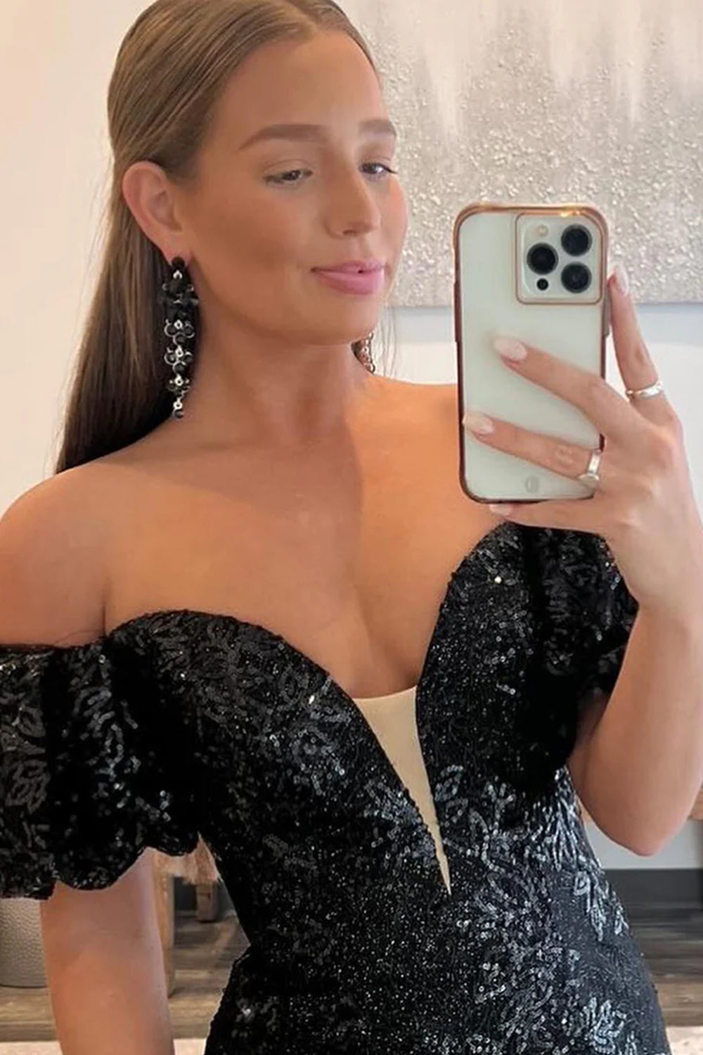 Sparkly Black Sequin Off The Shoulder Long Prom Dress Sexy Evening Dresses