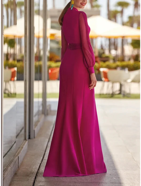 Sheath / Column Evening Gown High Split Dress Formal Wedding Guest Floor Length Long Sleeve V Neck Chiffon with Slit