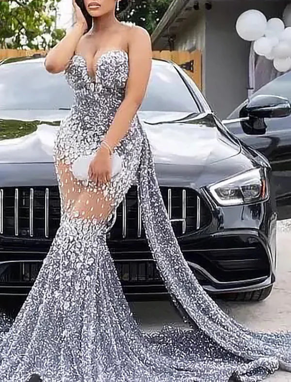 Mermaid / Trumpet Evening Gown Sparkle & Shine Dress Carnival Formal Court Train Sleeveless Strapless African American Sequined with Beading
