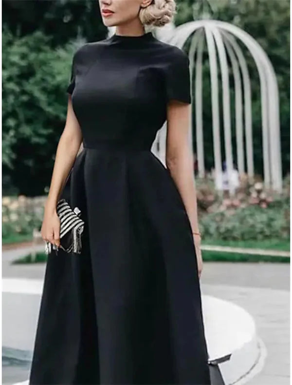 A-Line Wedding Guest Dresses Minimalist Dress Party Dress Wedding Party Tea Length Short Sleeve High Neck Stretch Satin with Pleats