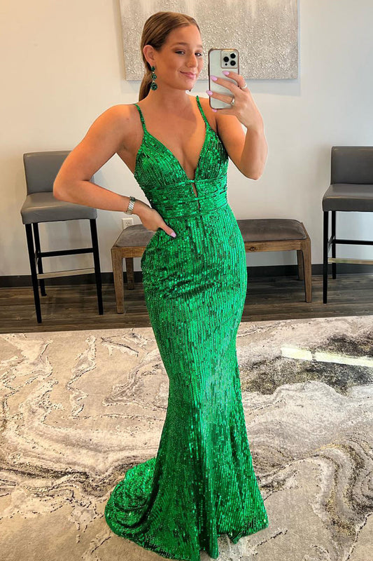 Mermaid Spaghetti Straps Green Sequins Backless Long Prom Dress V-neck Sexy Evening Dresses
