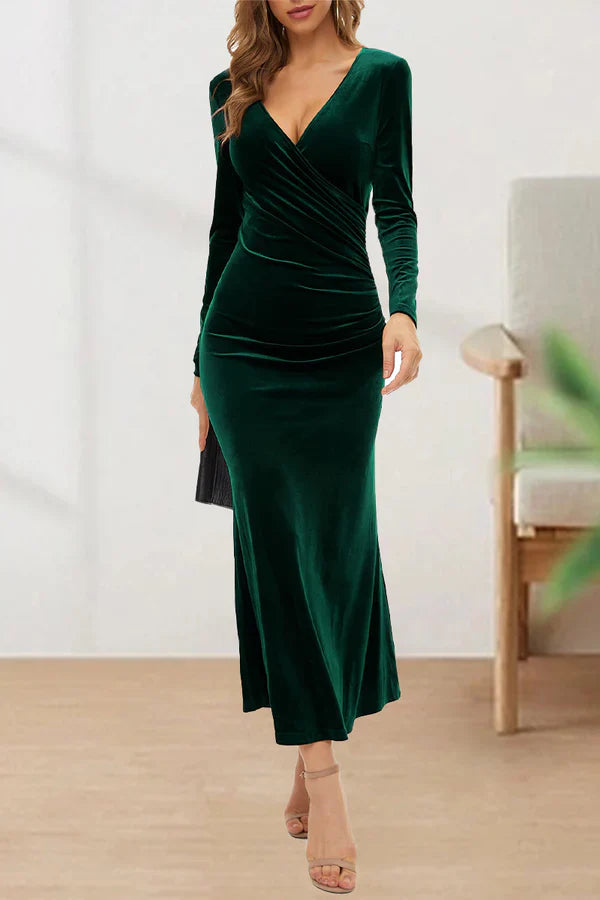 Sweet and elegant V-neck evening dress Long Sleeve Solid Color