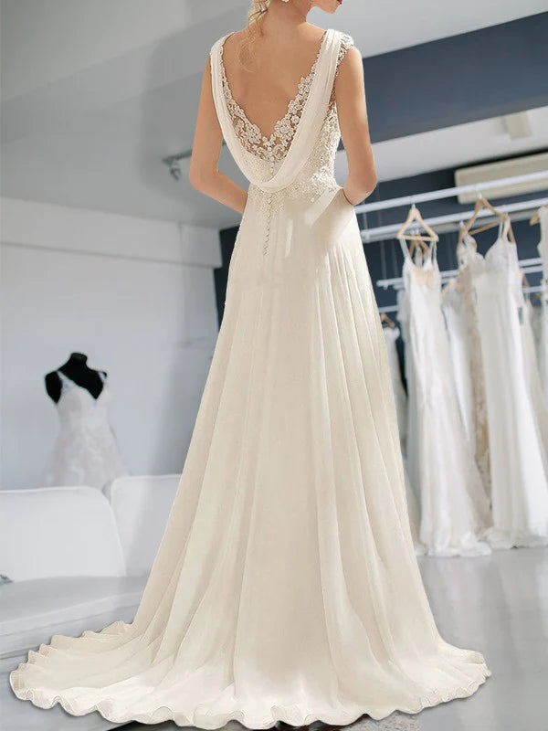 Sleeveless Broom/Brush Tail V-neck Lace Chiffon Wedding Dress Beautiful