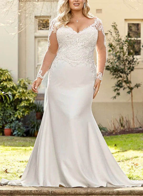 Trumpet/Fishtail V-neck Long sleeved Large Size Applique Lace Wedding Dress Beautiful