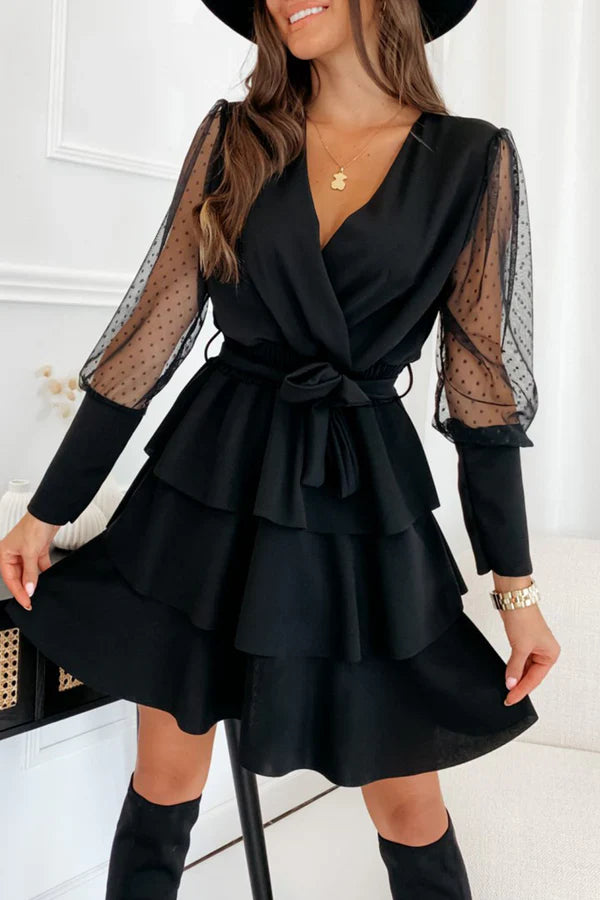 Casual solid color mesh V-neck cake dress evening dress Party Dress