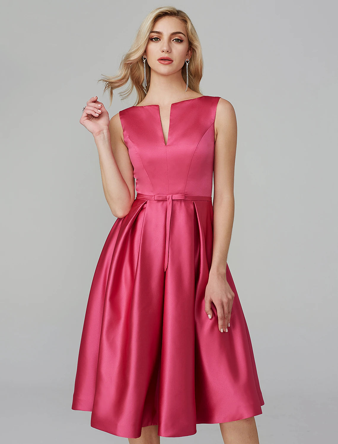 A-Line Party Dress Wedding Guest Knee Length Sleeveless V Wire Barbiecore Satin with Sash