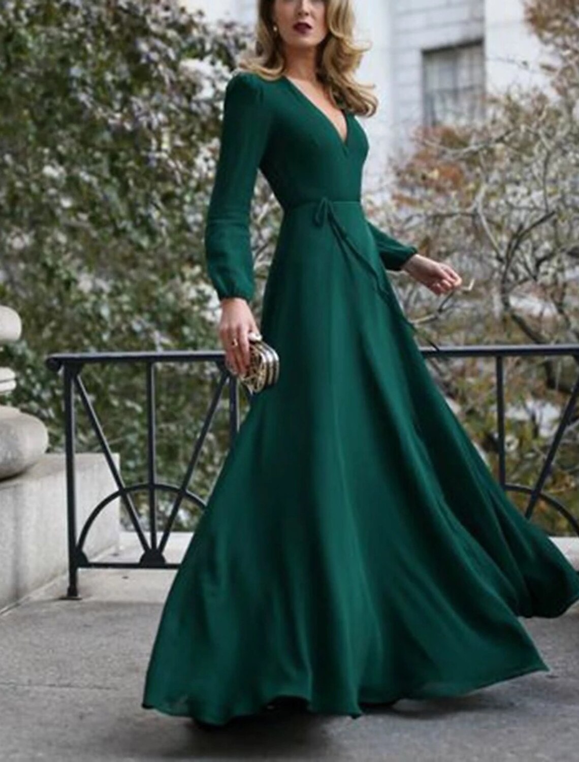 A-Line Minimalist Elegant Wedding Guest Formal Evening Dress V Neck Long Sleeve Floor Length Stretch Chiffon with Strappy
