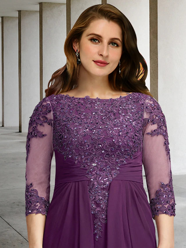 Sheath / Column Plus Size Curve Mother of the Bride Dresses Luxurious Dress Formal Floor Length Half Sleeve Jewel Neck Chiffon