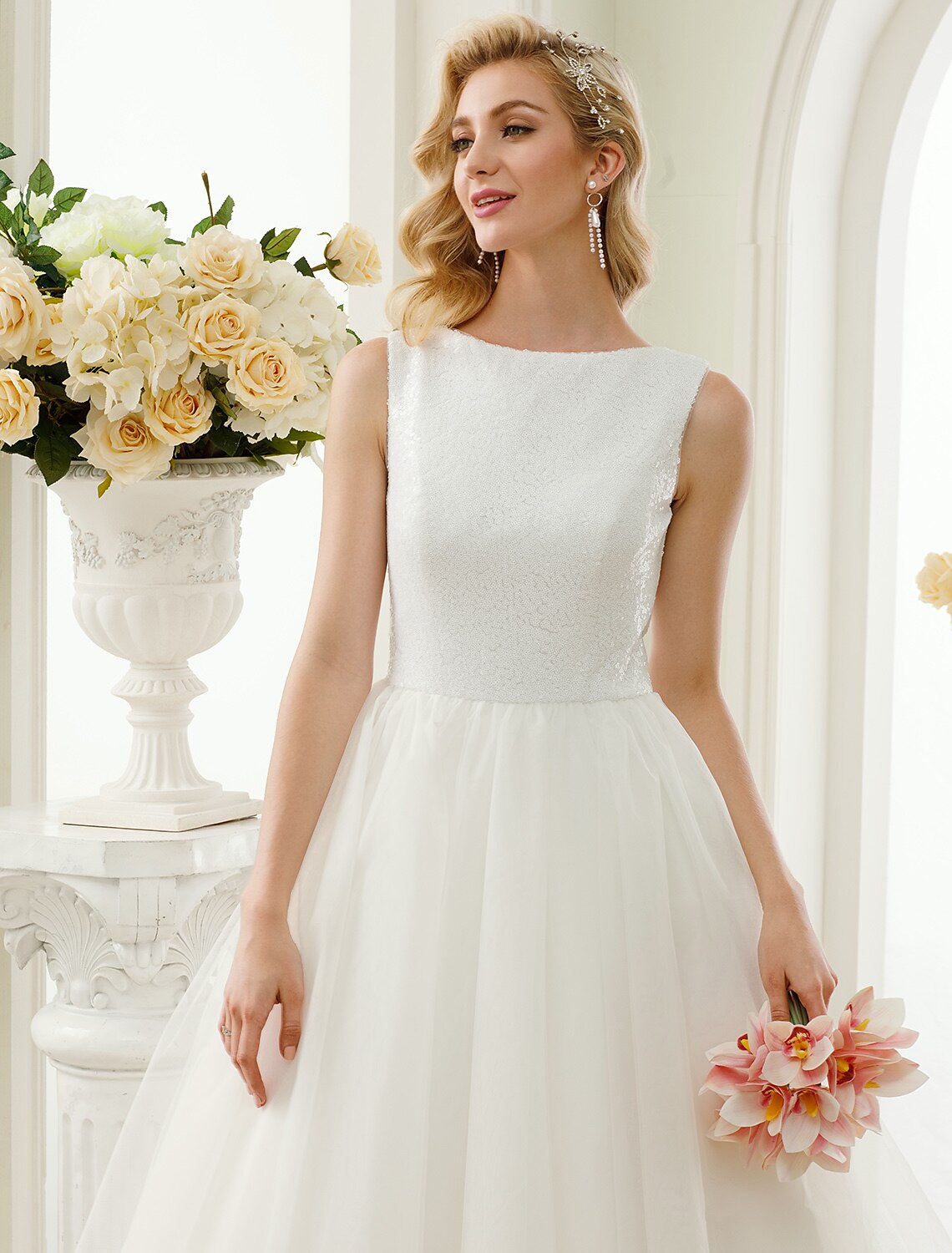 Reception Sparkle & Shine Little White Dresses Wedding Dresses A-Line Scoop Neck Sleeveless Tea Length Tulle Bridal Gowns With Lace