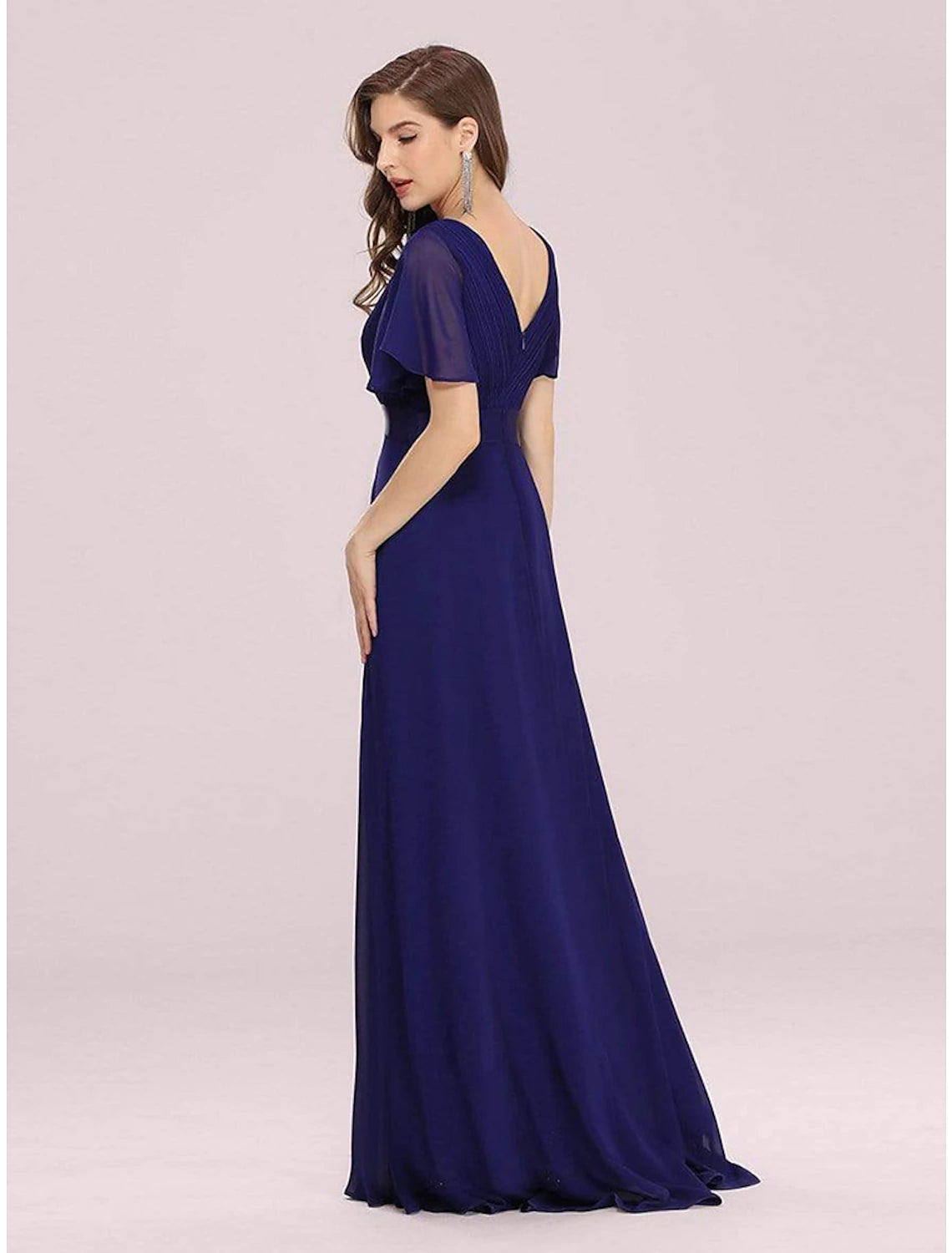 A-Line Evening Gown Empire Dress Wedding Guest Formal Evening Floor Length Short Sleeve V Neck Bridesmaid Dress Chiffon V Back