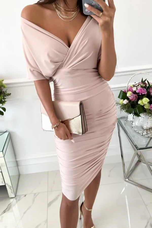 Fashionable solid color split splicing V-neck high waisted skirt for evening dress Party Dress