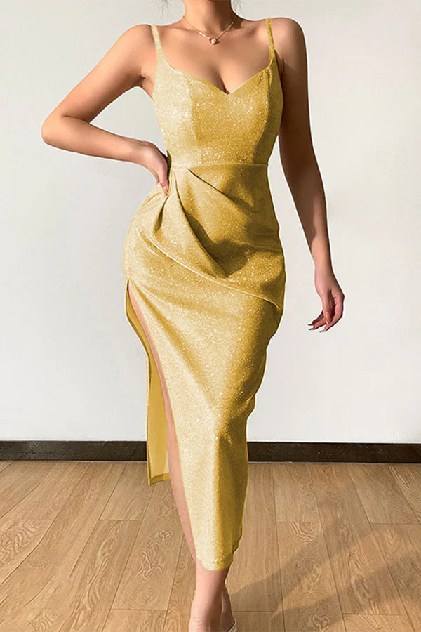 Sexy elegant solid color sequins V-neck strap evening dress Sparkly