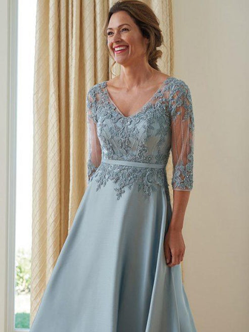 A-Line/Princess Satin Applique V-neck 3/4 Sleeves Floor-Length Mother of the Bride Dresses Elegant