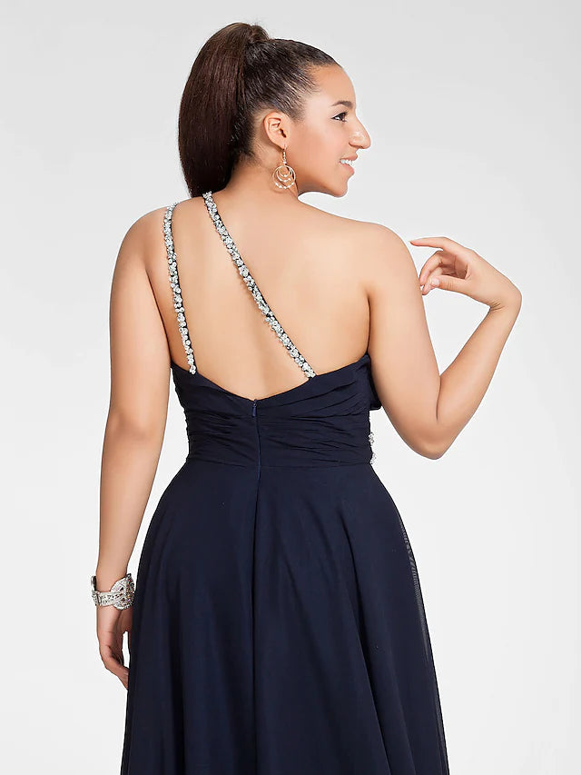 A-Line Cut Out Dress Wedding Guest Sweep / Brush Train Sleeveless One Shoulder Chiffon with Ruched