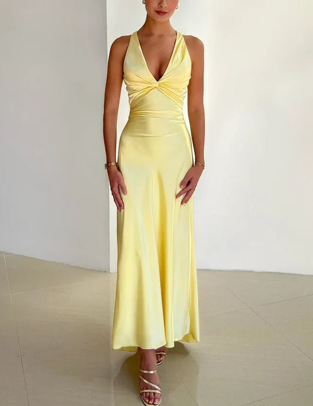 Xiaopinwu Elegant V Neck Halter Vintage Prom Dress Sexy Party Dress Yellow Evening Formal Dress