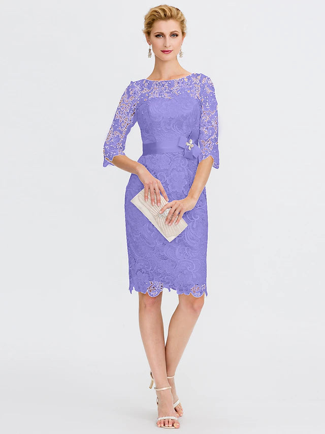Sheath / Column Mother of the Bride Dress Formal Wedding Guest Plus Size Elegant Illusion Neck Knee Length All Over Lace 3/4 Length Sleeve