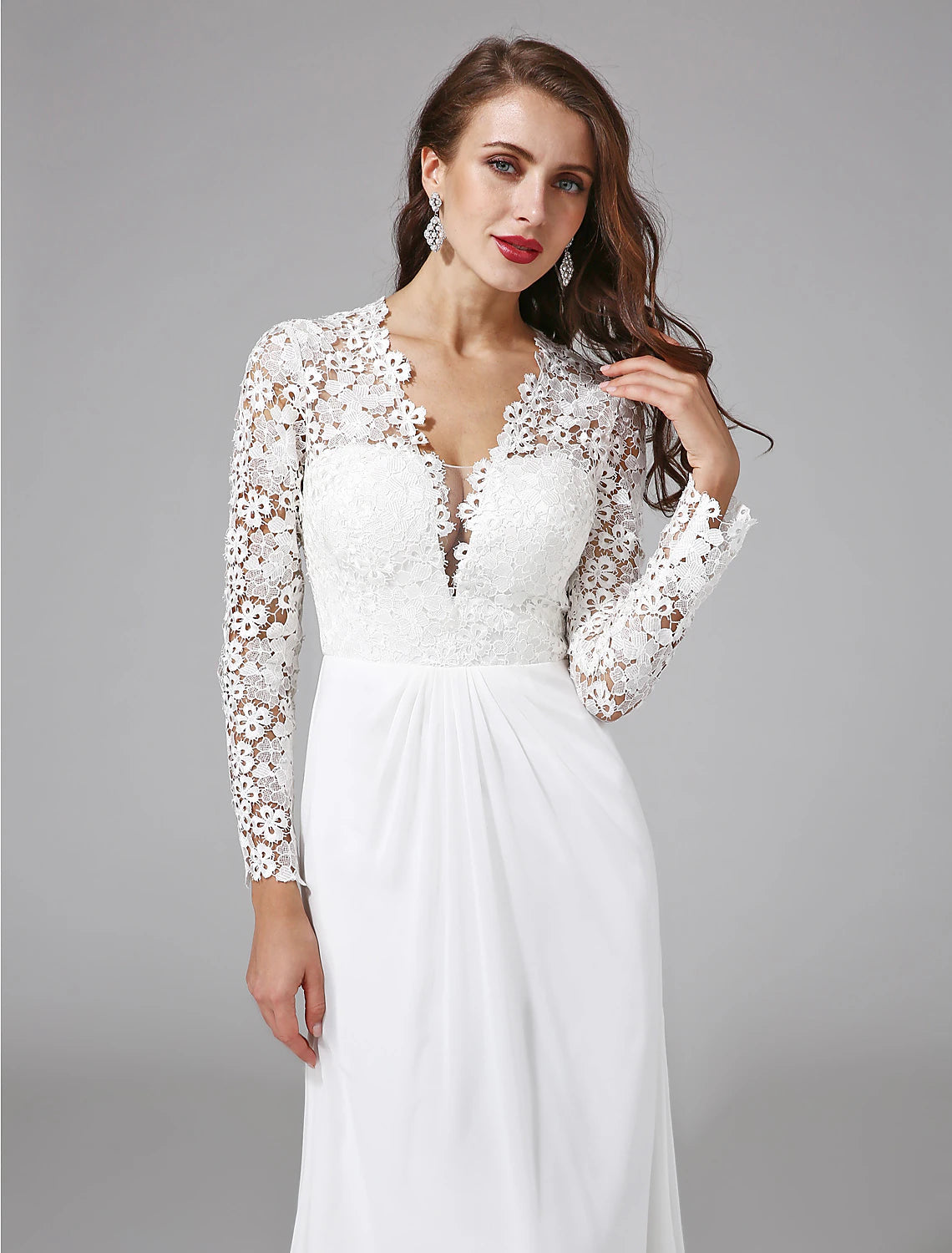 Beach Royal Style Boho Wedding Dresses Sweep / Brush Train Sheath / Column Long Sleeve Illusion Neck Chiffon