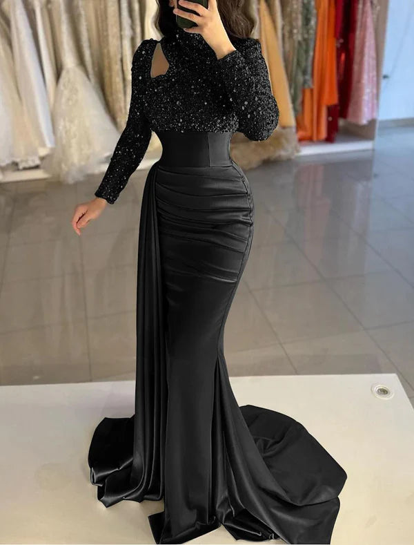 Mermaid / Trumpet Evening Gown Elegant Dress Formal Sweep / Brush Train Long Sleeve High Neck Satin with Pearls