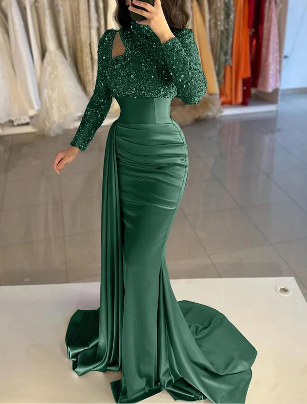 Mermaid / Trumpet Evening Gown Elegant Dress Formal Sweep / Brush Train Long Sleeve High Neck Satin with Pearls