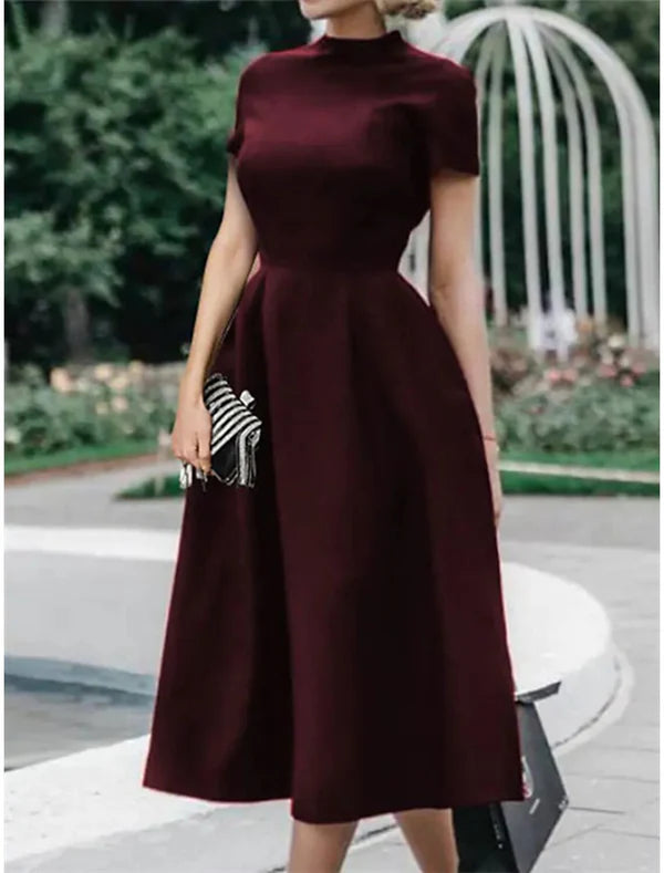 A-Line Wedding Guest Dresses Minimalist Dress Party Dress Wedding Party Tea Length Short Sleeve High Neck Stretch Satin with Pleats