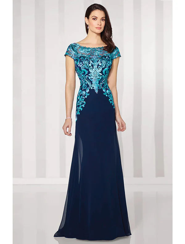 A-Line Mother of the Bride Dress Elegant Jewel Neck Floor Length Chiffon Lace Short Sleeve with Lace