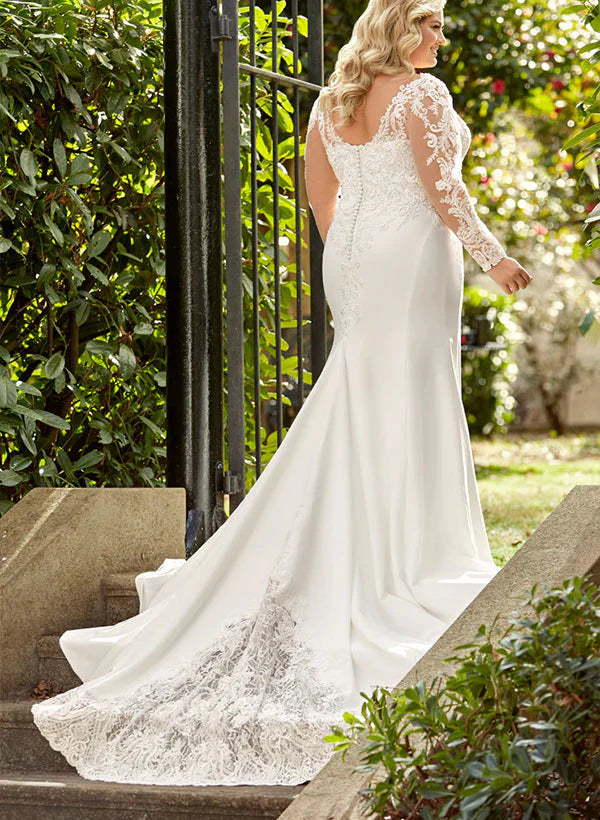 Trumpet/Fishtail V-neck Long sleeved Large Size Applique Lace Wedding Dress Beautiful