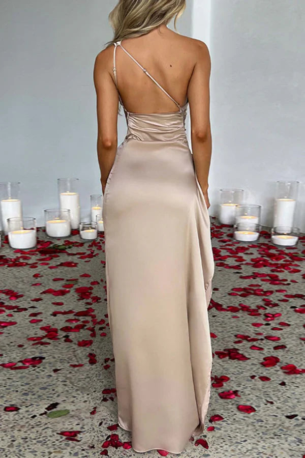 Sexy formal attire solid color backless slit diagonal collar evening dress Party Dress