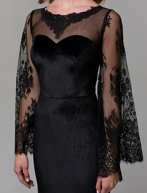 Sheath / Column Elegant Dress Wedding Guest Engagement Floor Length Long Sleeve Illusion Neck Lace with Lace