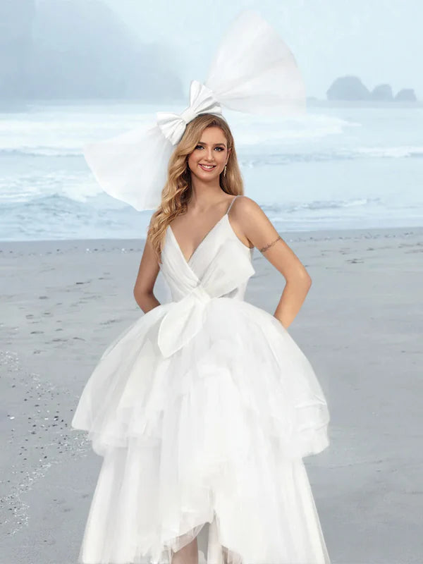 A-line/Princess V-neck Tea Long Wedding Dress Beautiful