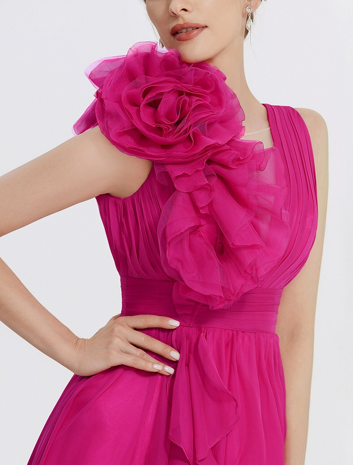 A-Line Evening Gown Floral Dress Formal Wedding Guest Floor Length Sleeveless V Neck Chiffon with Ruched