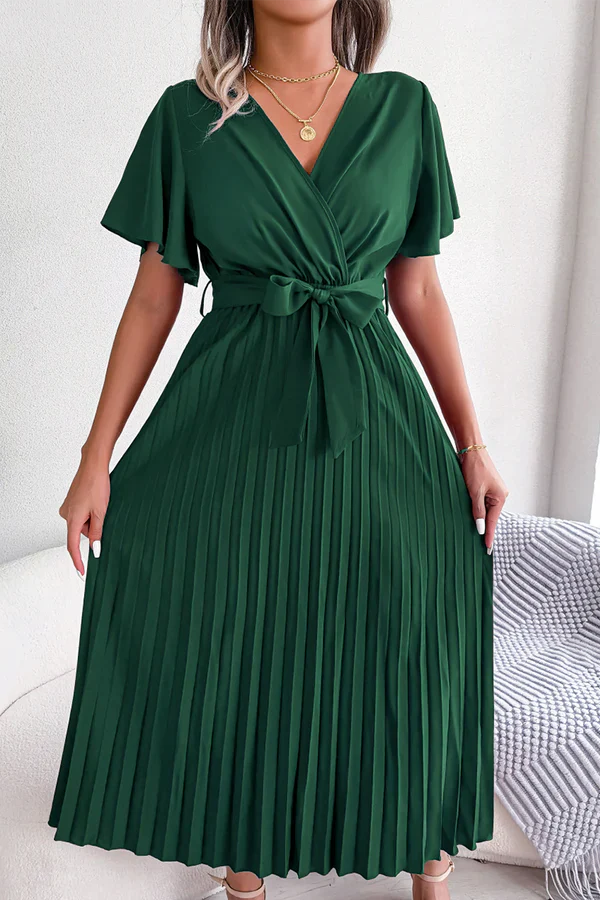 Casual solid color pleated V-neck high waisted skirt for evening dress Party Dress