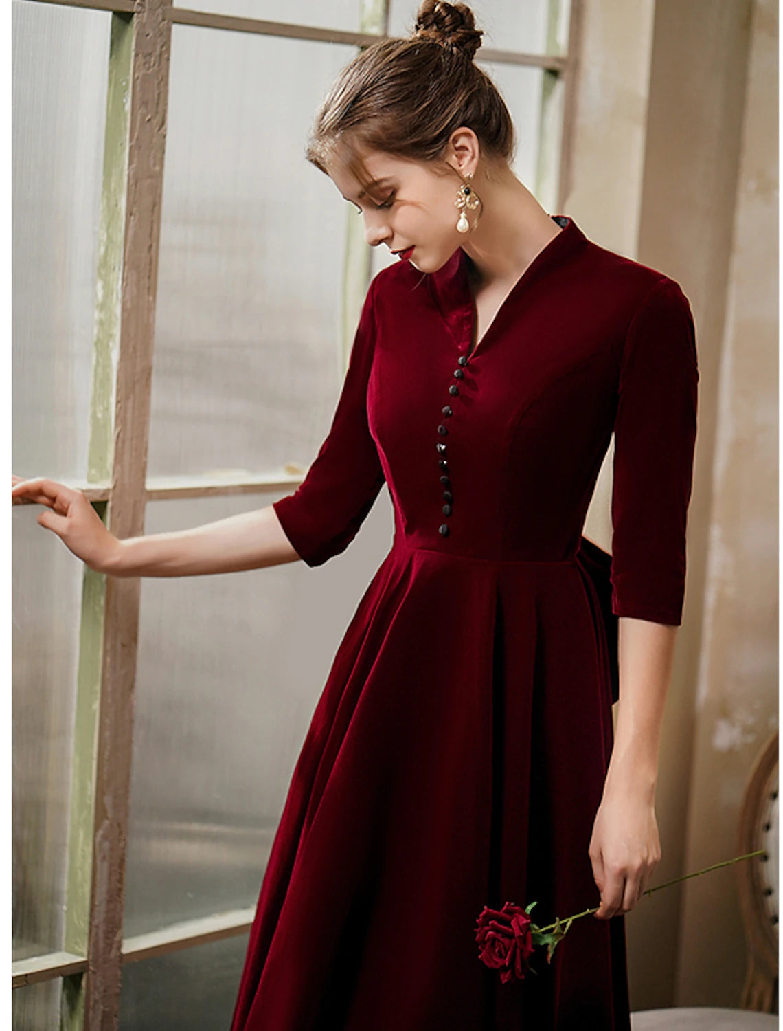 A-Line Minimalist Vintage Party Wear Cocktail Party Dress V Neck Half Sleeve Tea Length Velvet