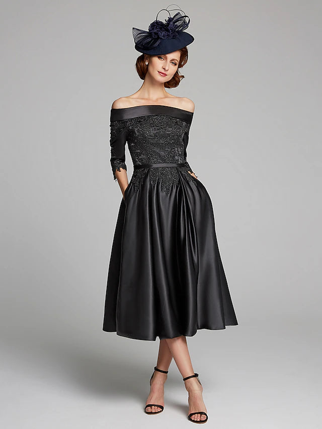 A-Line Mother of the Bride Dress Plus Size Sexy Off Shoulder Tea Length Satin Lace 3/4 Length Sleeve