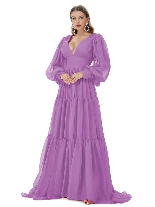 A-Line Evening Gown Sexy Dress Party Wear Sweep / Brush Train Long Sleeve V Neck Chiffon