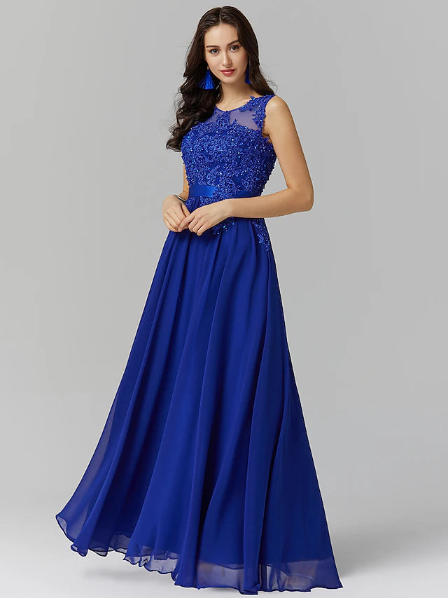 A-Line Bridesmaid Dress Jewel Neck Sleeveless Elegant Floor Length Chiffon / Lace