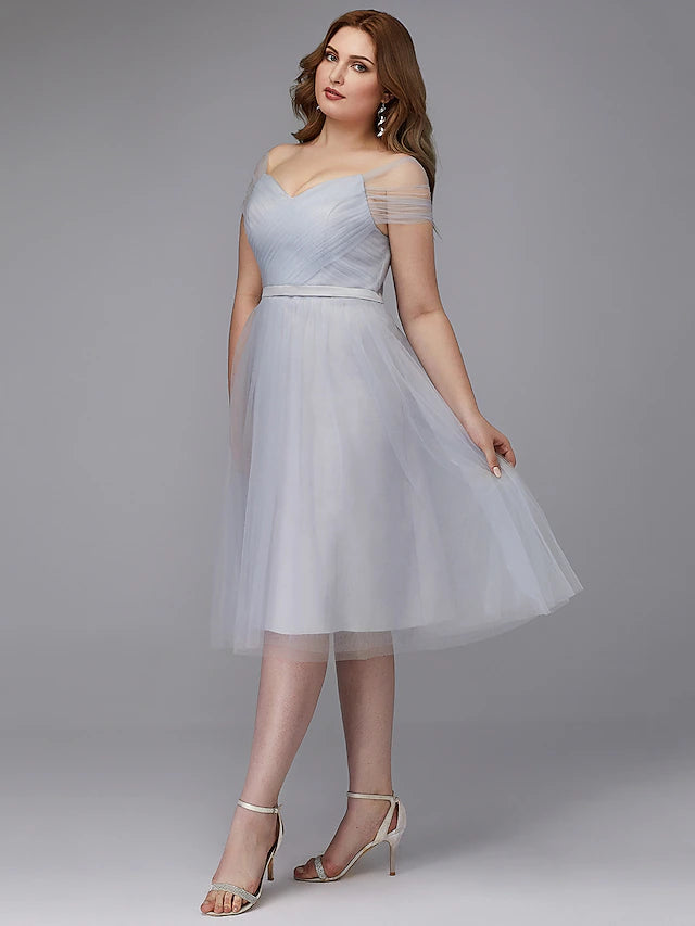 A-Line Elegant Dress Wedding Guest Tea Length Short Sleeve Off Shoulder Tulle with Sash / Ribbon