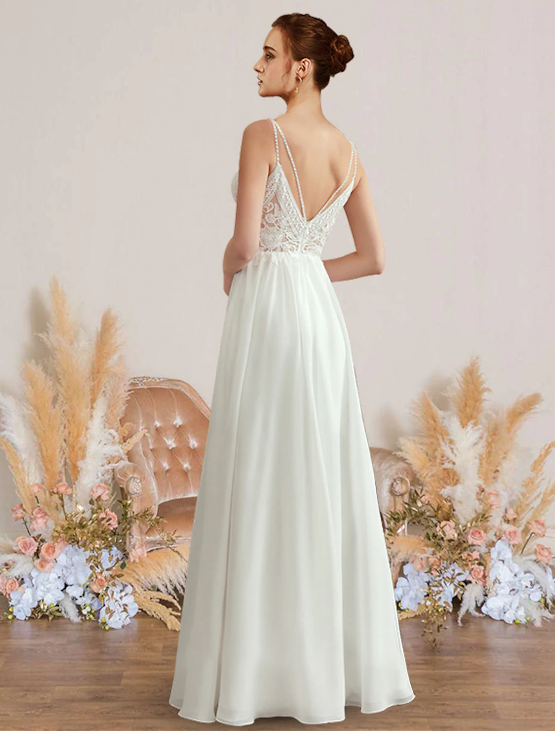 Beach Wedding Dresses Floor Length A-Line Spaghetti Strap Sweetheart V Neck Chiffon With Pleats