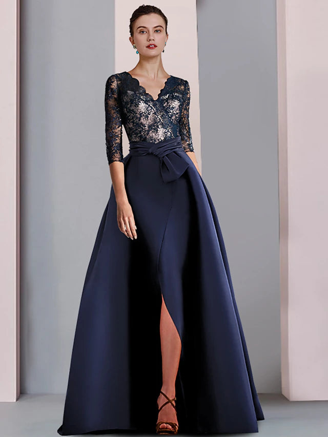 A-Line Mother of the Bride Dress Formal Party Elegant V Neck Floor Length Satin Lace Half Sleeve
