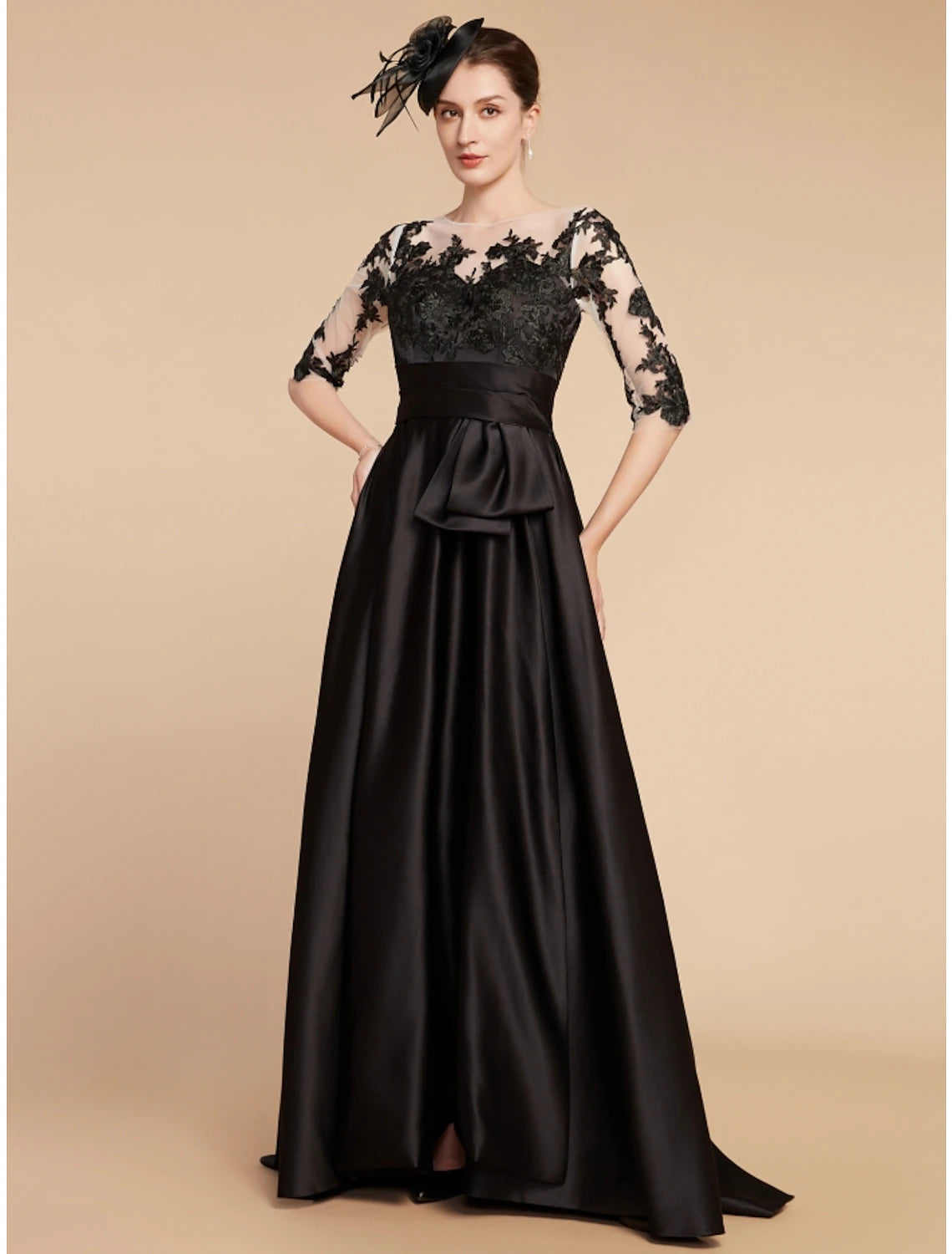 A-Line Mother of the Bride Dress Wedding Guest Elegant Party Jewel Neck Sweep / Brush Train Satin Lace Half Sleeve with Split Front Ruching